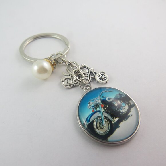 Motorcycle Keychain with Bike Charm Biker Key Ring Pearl Accent Rider Gifts - Picture 3 of 5